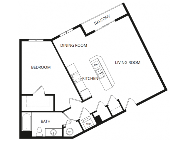 Floor plan for 1 bed, 1 bath, 826 sqft